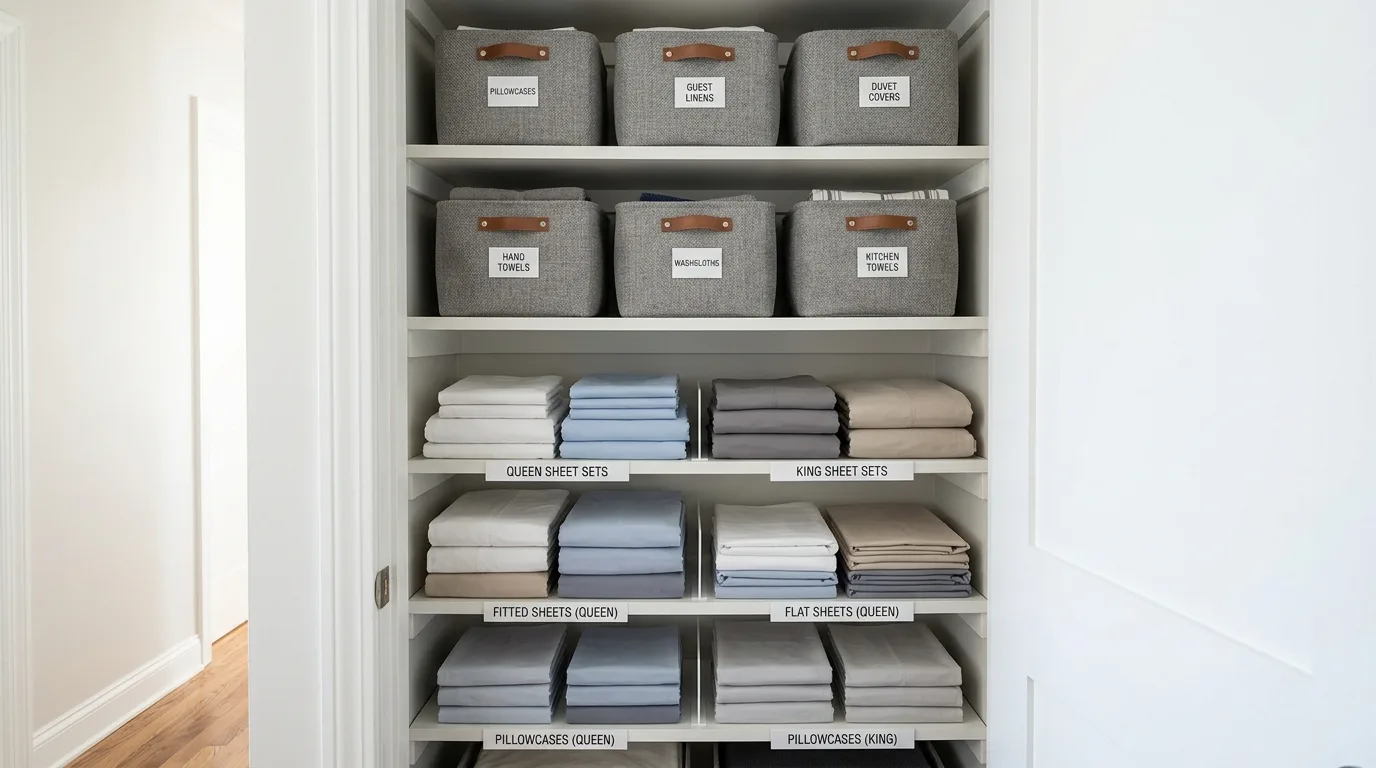 Stack towels by size for cleaner access inspiration for a linen closet.